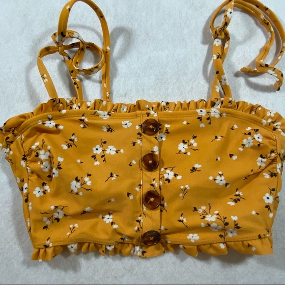 Xhiliration Cropped Top Swim Top Mustard Small floral Print Ruffled biki… - Picture 1 of 11